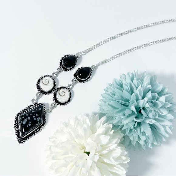 Black Onyx Snowflake Obsidian Shiva Eye Shell Necklace Antique Style Silver New - Picture 7 of 7